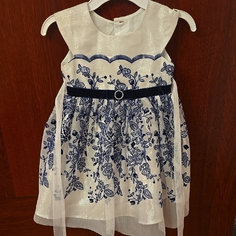 Elegant White and Blue Floral Kids Dress